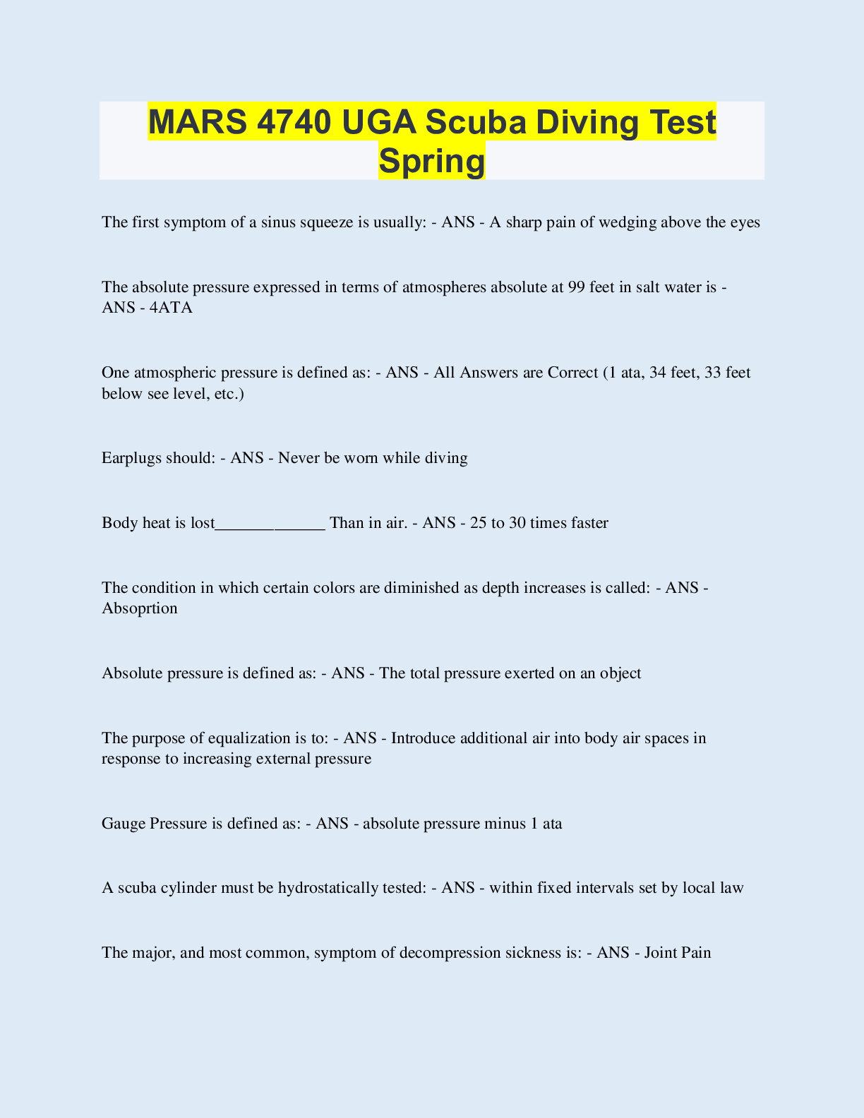 Preview image of MARS 4740 UGA Scuba Diving Test Spring document